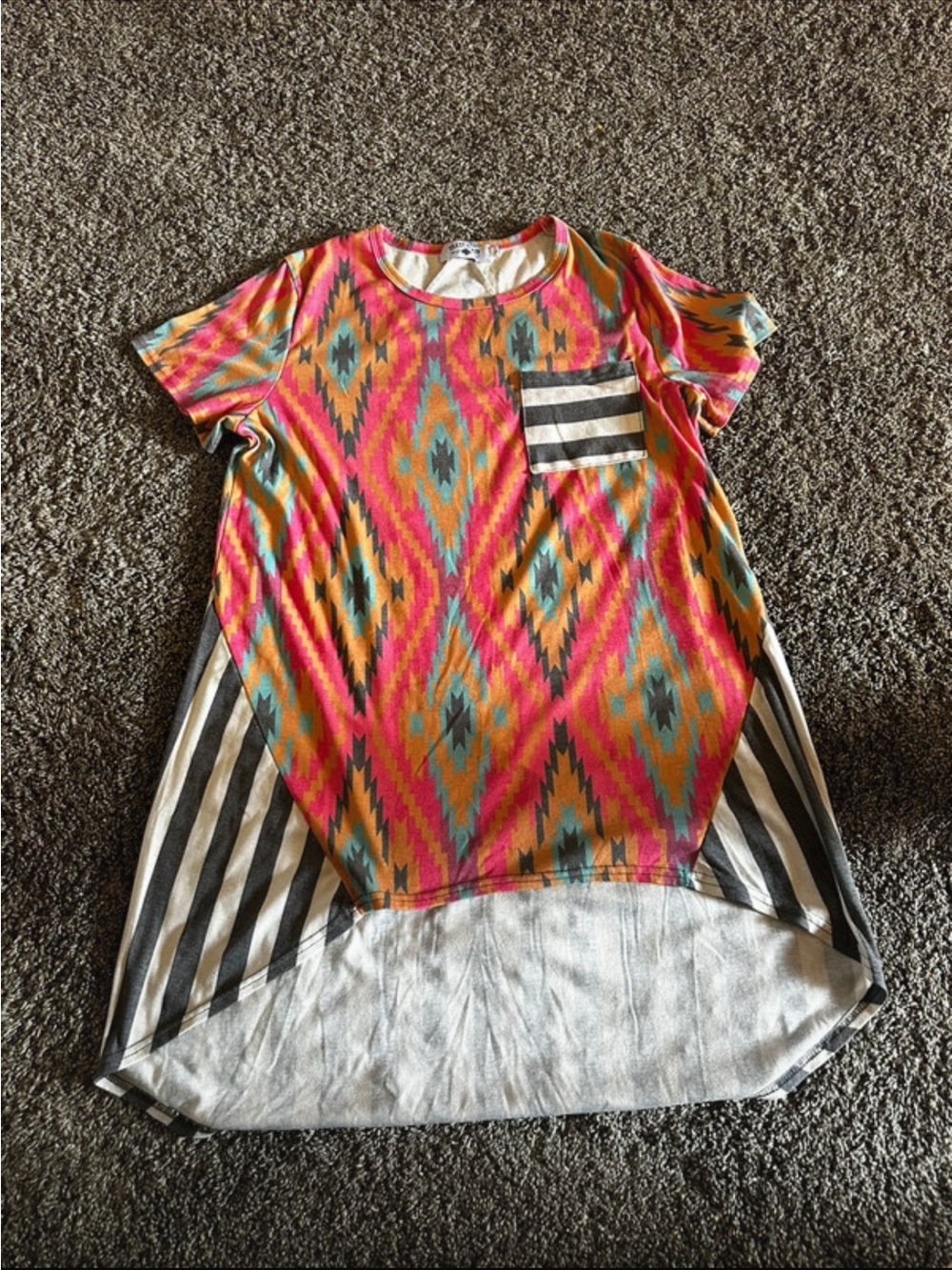 Crazy Train Pink Multi Aztec High-Low Tee with Striped Pocket